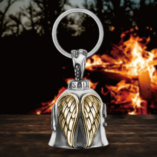 nahkajaakko pirunkello, gremlin bell jossa on kultaiset siivet