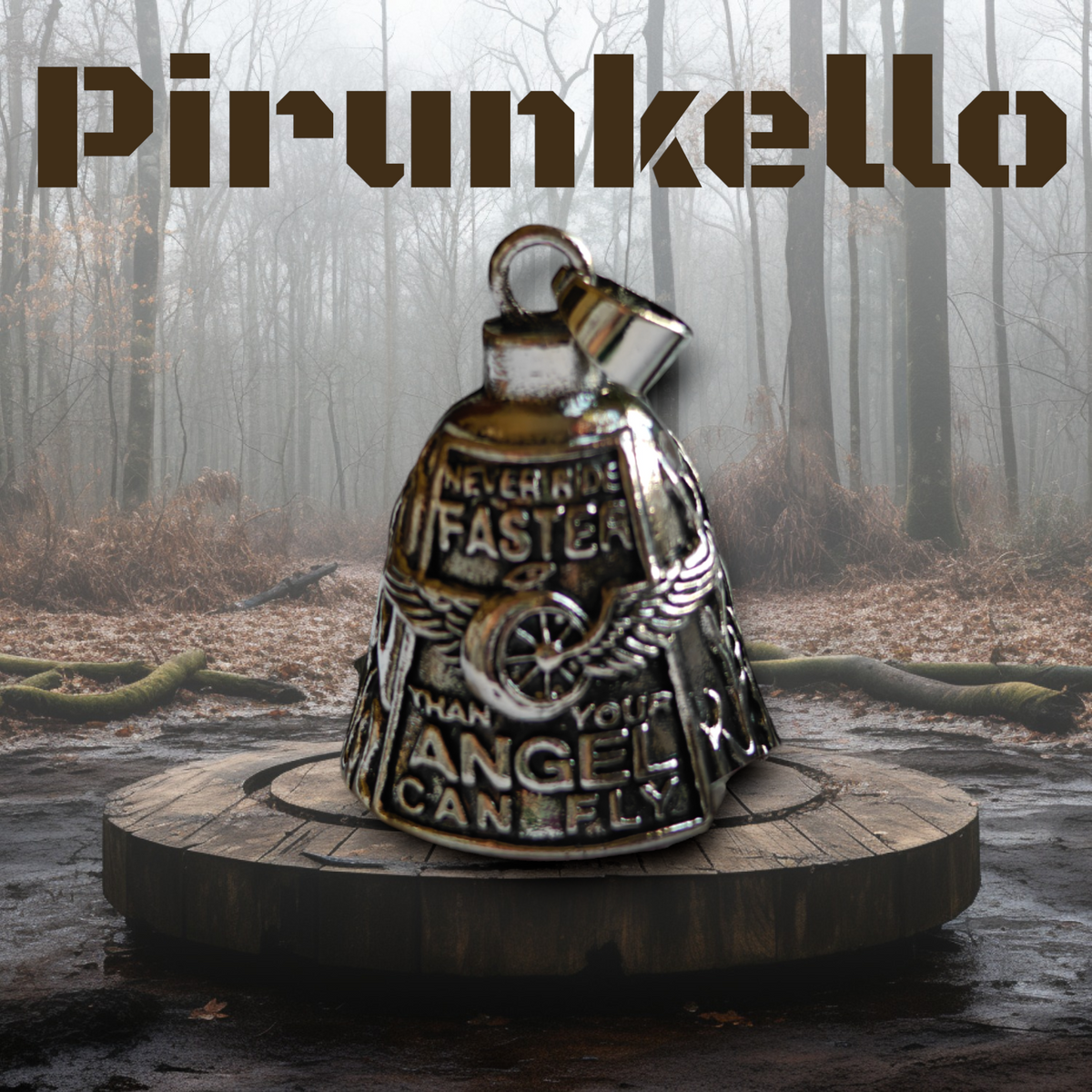 Pirunkello – Motoristin suojakello: “Never drive faster than your guardian angel can fly” kulta ja teräs